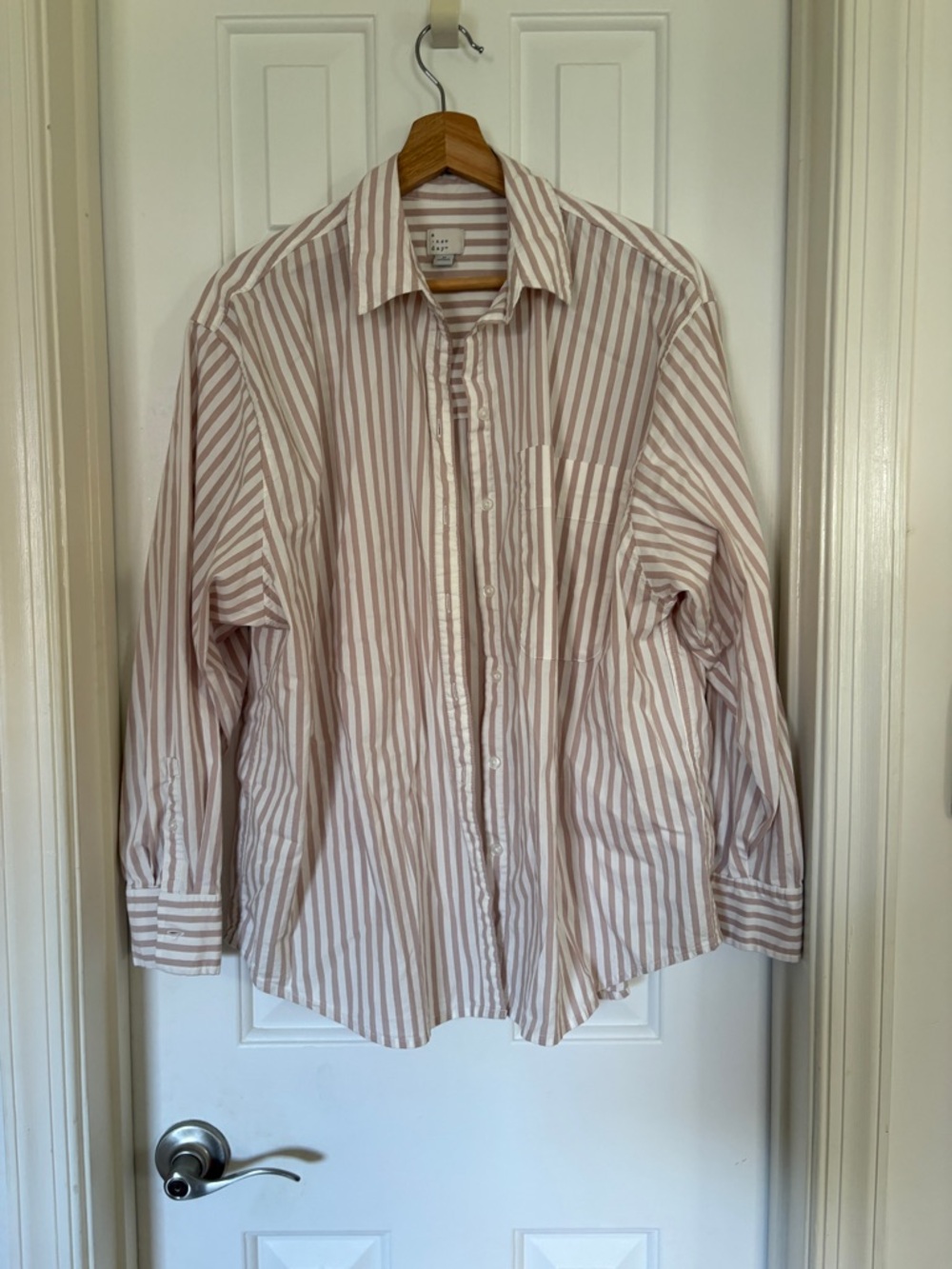Women’s Striped Button-Up Shirt in Light Tan and White